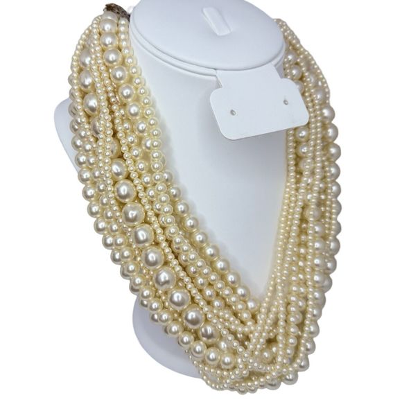 Vintage Graduated Faux Champagne Pearl Layered Statement Necklace 22” Wedding - Picture 2 of 10